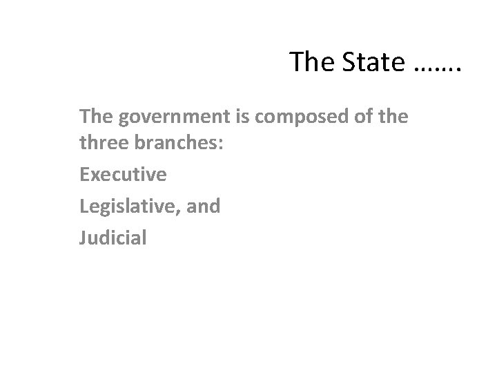 The State ……. The government is composed of the three branches: Executive Legislative, and
