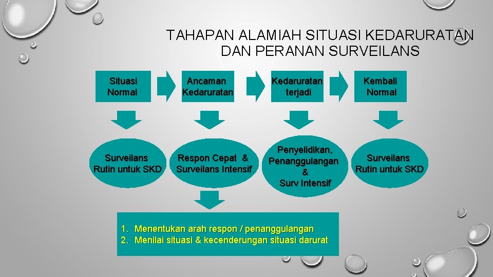 TAHAPAN ALAMIAH SITUASI KEDARURATAN DAN PERANAN SURVEILANS Situasi Normal Surveilans Rutin untuk SKD Ancaman