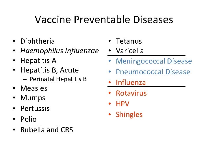 Vaccine Preventable Diseases • • Diphtheria Haemophilus influenzae Hepatitis A Hepatitis B, Acute –