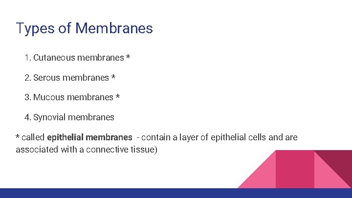 Types of Membranes 1. Cutaneous membranes * 2. Serous membranes * 3. Mucous membranes