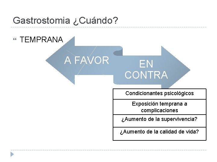 Gastrostomia ¿Cuándo? TEMPRANA A FAVOR EN CONTRA Condicionantes psicológicos Exposición temprana a complicaciones ¿Aumento