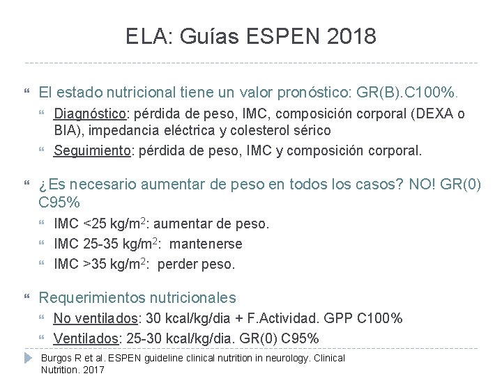 ELA: Guías ESPEN 2018 El estado nutricional tiene un valor pronóstico: GR(B). C 100%.