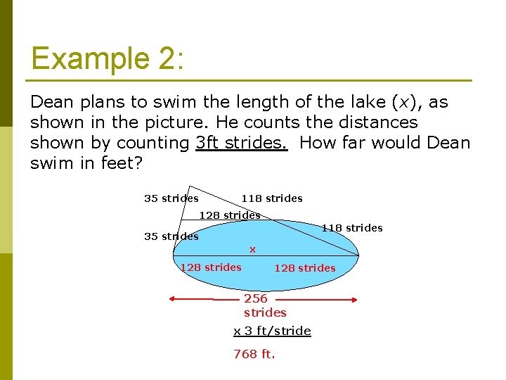 Example 2: Dean plans to swim the length of the lake (x), as shown
