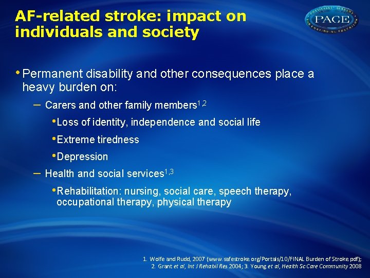 AF-related stroke: impact on individuals and society • Permanent disability and other consequences place