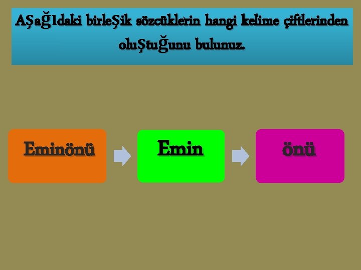 Aşağıdaki birleşik sözcüklerin hangi kelime çiftlerinden oluştuğunu bulunuz. Eminönü Emin önü 