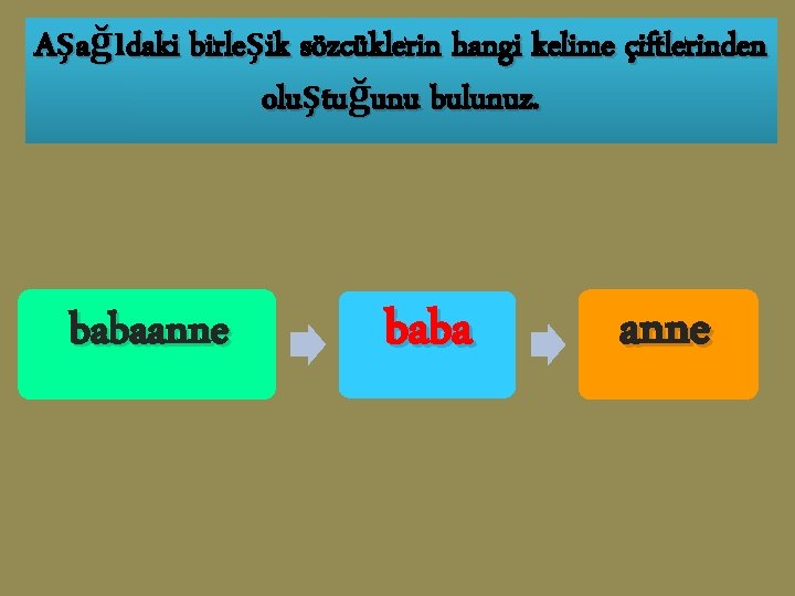 Aşağıdaki birleşik sözcüklerin hangi kelime çiftlerinden oluştuğunu bulunuz. babaanne baba anne 