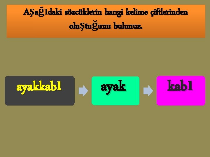 Aşağıdaki sözcüklerin hangi kelime çiftlerinden oluştuğunu bulunuz. ayakkabı ayak kabı 