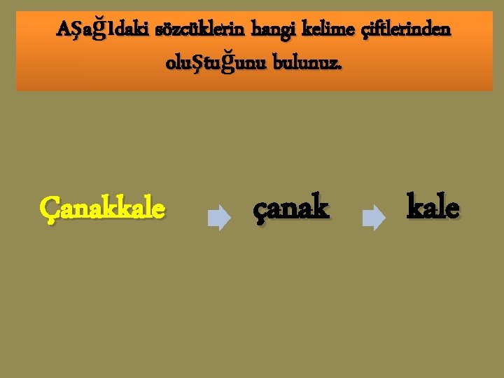 Aşağıdaki sözcüklerin hangi kelime çiftlerinden oluştuğunu bulunuz. Çanakkale çanak kale 