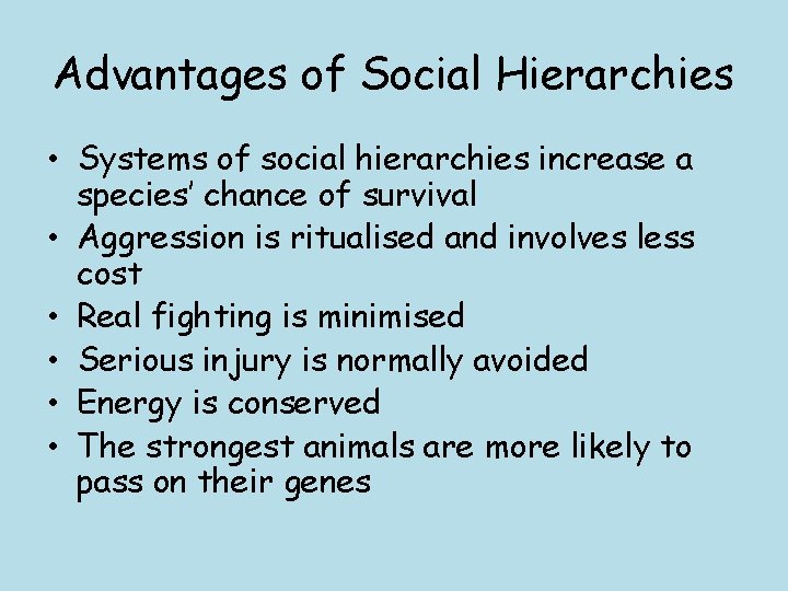 Advantages of Social Hierarchies • Systems of social hierarchies increase a species’ chance of