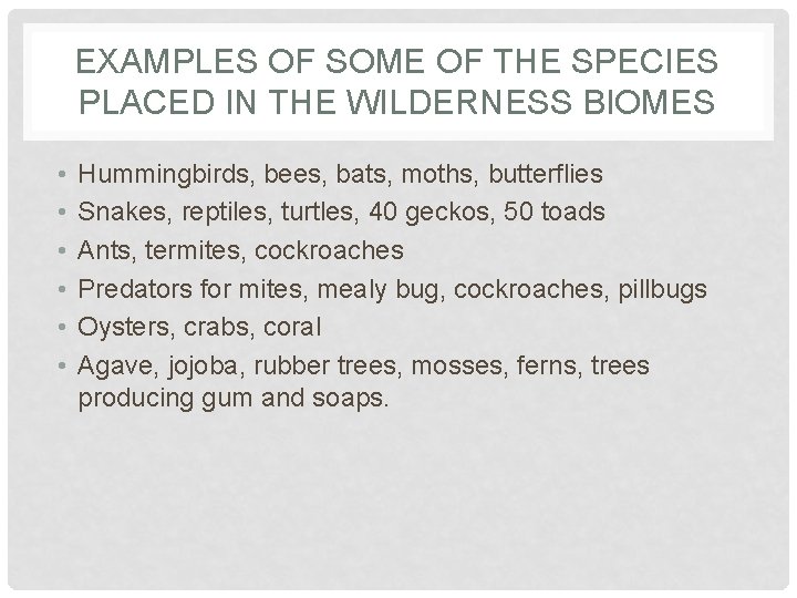 EXAMPLES OF SOME OF THE SPECIES PLACED IN THE WILDERNESS BIOMES • • • EXAMPLES OF SOME OF THE SPECIES PLACED IN THE WILDERNESS BIOMES • • •