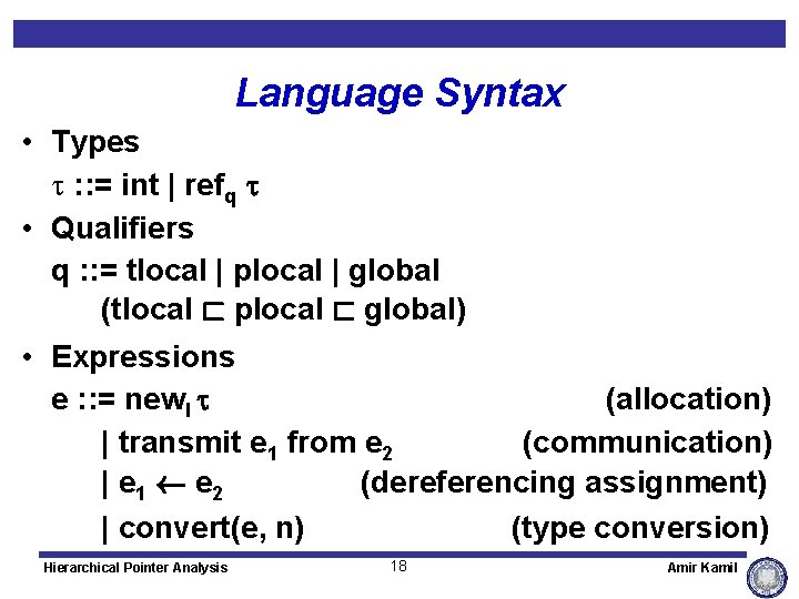 Language Syntax • Types : : = int | refq • Qualifiers q :