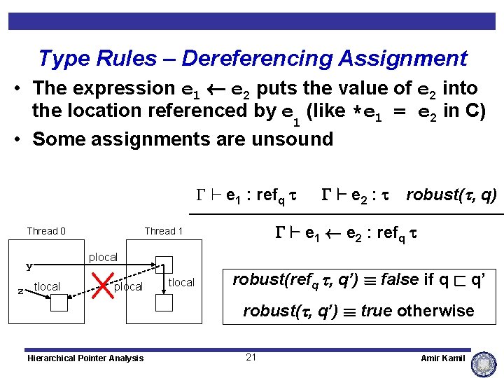 Type Rules – Dereferencing Assignment • The expression e 1 Ã e 2 puts