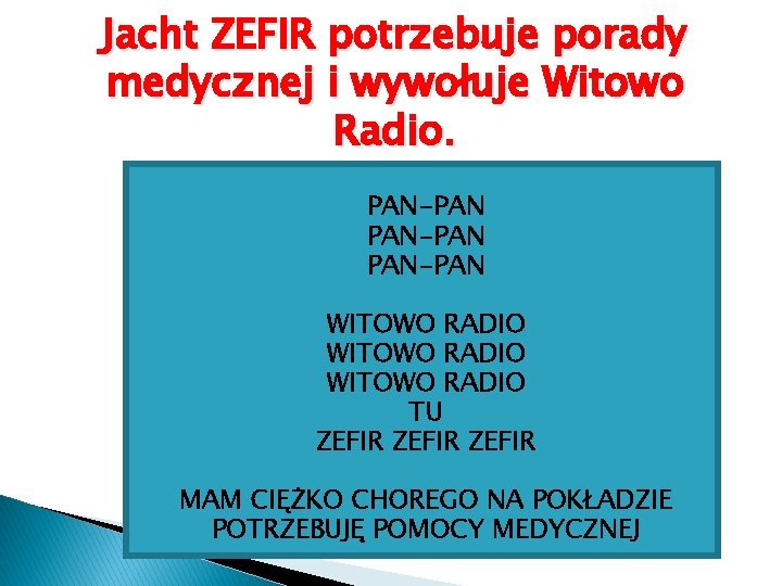 Jacht ZEFIR potrzebuje porady medycznej i wywołuje Witowo Radio. PAN-PAN WITOWO RADIO TU ZEFIR