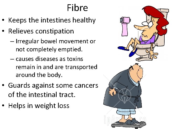 Fibre • Keeps the intestines healthy • Relieves constipation – Irregular bowel movement or