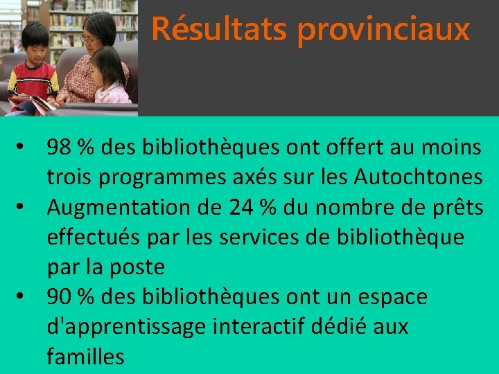 Résultats provinciaux • 98 % des bibliothèques ont offert au moins trois programmes axés