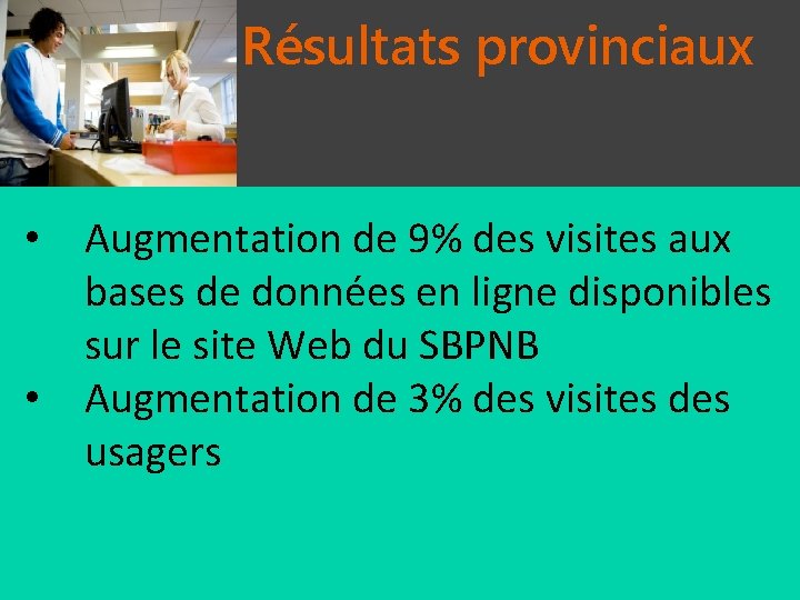 Résultats provinciaux • Augmentation de 9% des visites aux bases de données en ligne