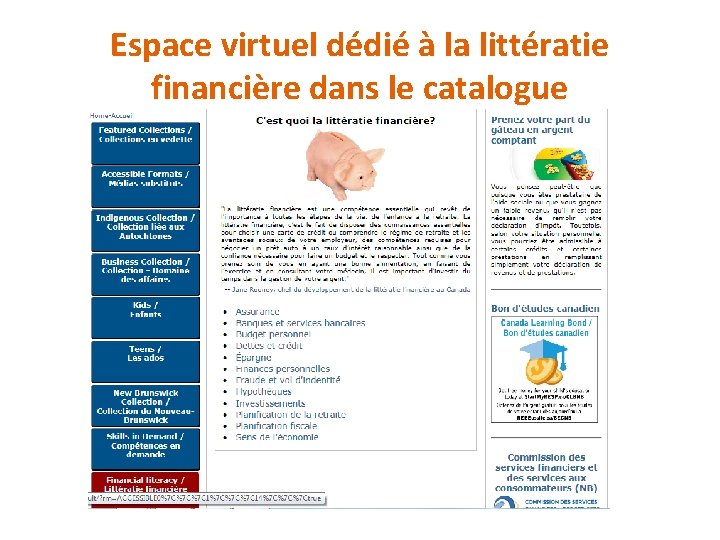 Espace virtuel dédié à la littératie financière dans le catalogue 