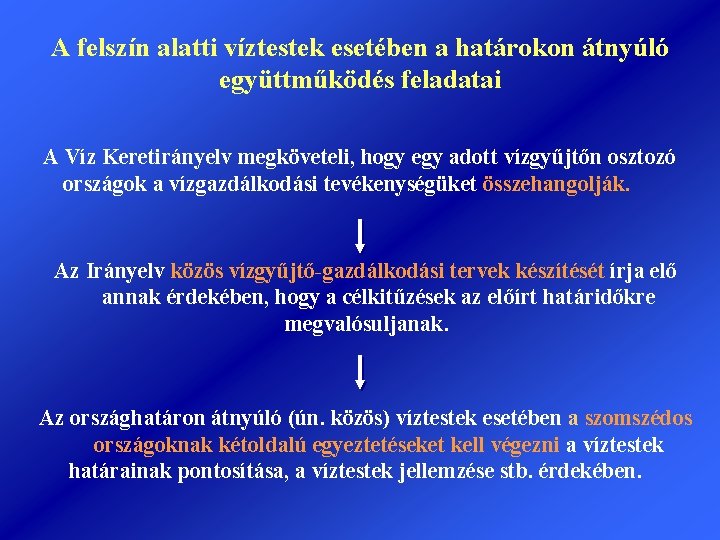 A felszín alatti víztestek esetében a határokon átnyúló együttműködés feladatai A Víz Keretirányelv megköveteli,