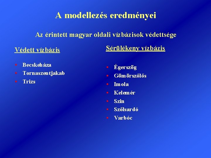 A modellezés eredményei Az érintett magyar oldali vízbázisok védettsége Védett vízbázis Sérülékeny vízbázis §