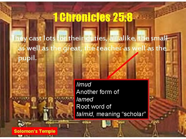 1 Chronicles 25: 8 They cast lots for their duties, all alike, the small
