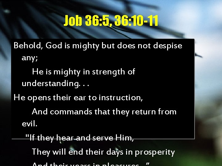 Job 36: 5, 36: 10 -11 Behold, God is mighty but does not despise