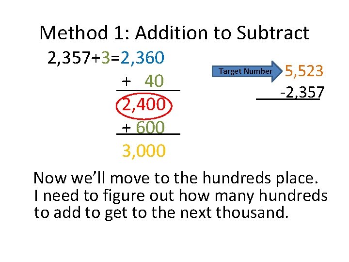 Method 1: Addition to Subtract 2, 357+3=2, 360 + 40 2, 400 + 600