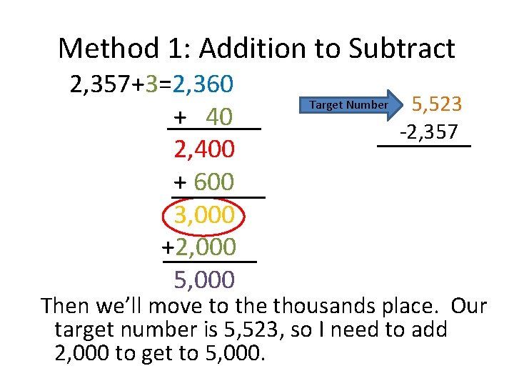 Method 1: Addition to Subtract 2, 357+3=2, 360 + 40 2, 400 + 600