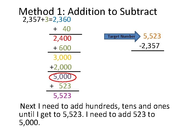 Method 1: Addition to Subtract 2, 357+3=2, 360 + 40 2, 400 + 600