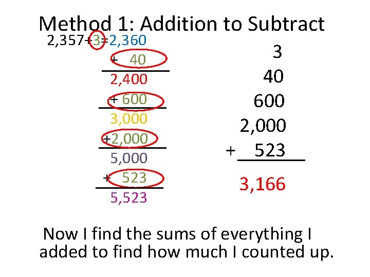 Method 1: Addition to Subtract 2, 357+3=2, 360 + 40 2, 400 + 600