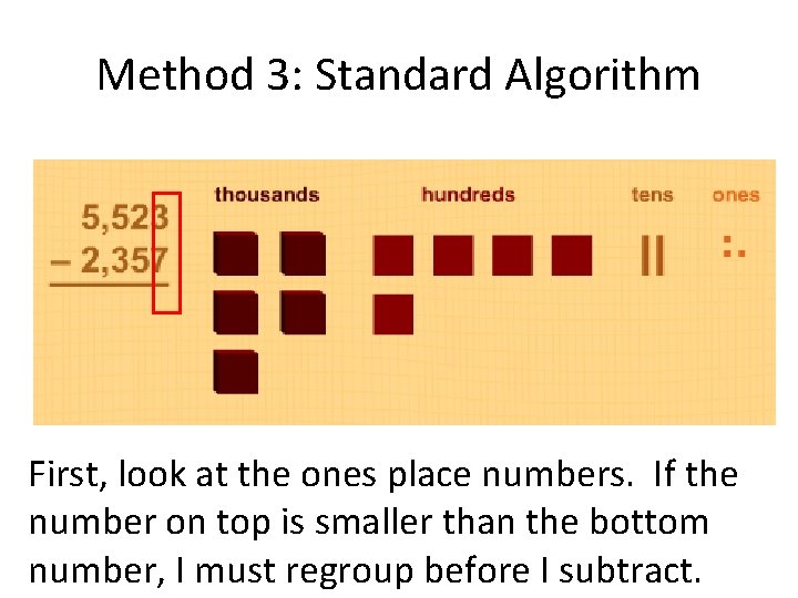 Method 3: Standard Algorithm First, look at the ones place numbers. If the number