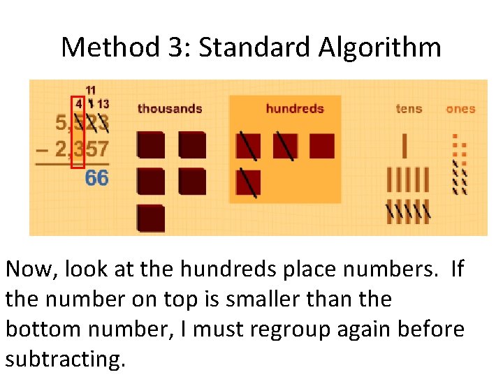 Method 3: Standard Algorithm Now, look at the hundreds place numbers. If the number