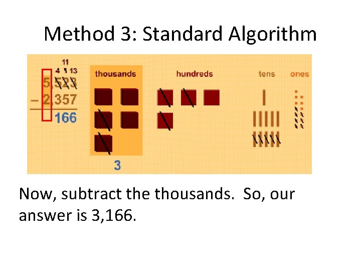 Method 3: Standard Algorithm Now, subtract the thousands. So, our answer is 3, 166.