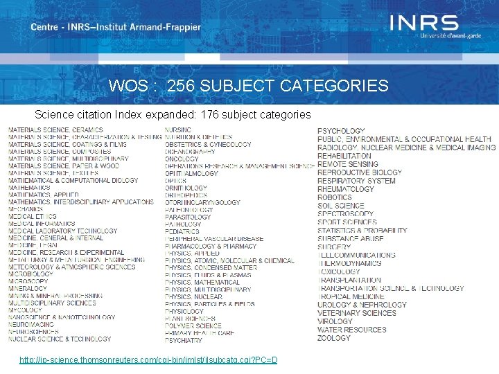 WOS : 256 SUBJECT CATEGORIES Science citation Index expanded: 176 subject categories http: //ip-science.