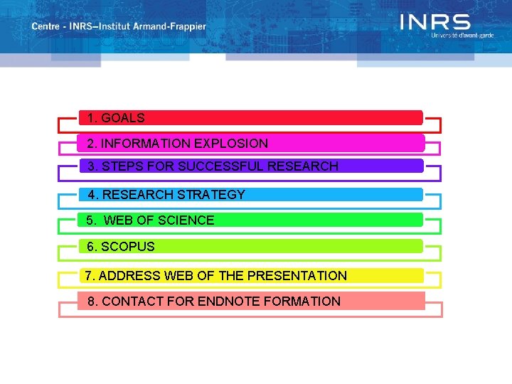 1. GOALS 2. INFORMATION EXPLOSION 3. STEPS FOR SUCCESSFUL RESEARCH 4. RESEARCH STRATEGY 5.