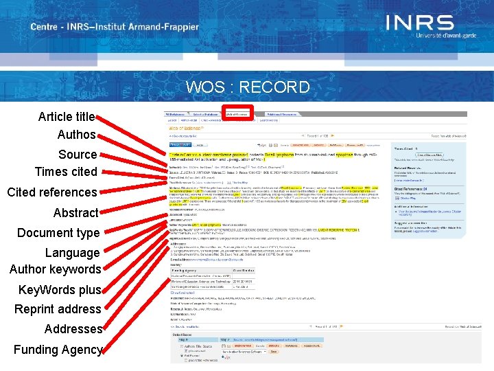 WOS : RECORD Article title Authos Source Times cited Cited references Abstract Document type