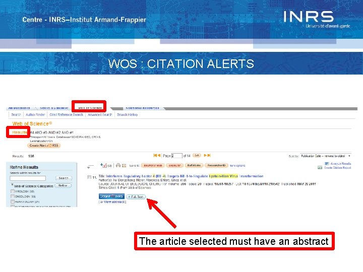 WOS : CITATION ALERTS The article selected must have an abstract 