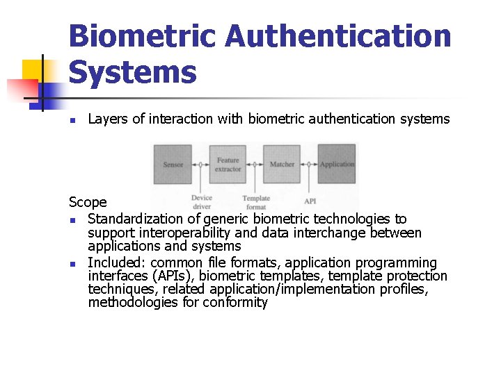 Biometric Authentication Systems n Layers of interaction with biometric authentication systems Scope n Standardization