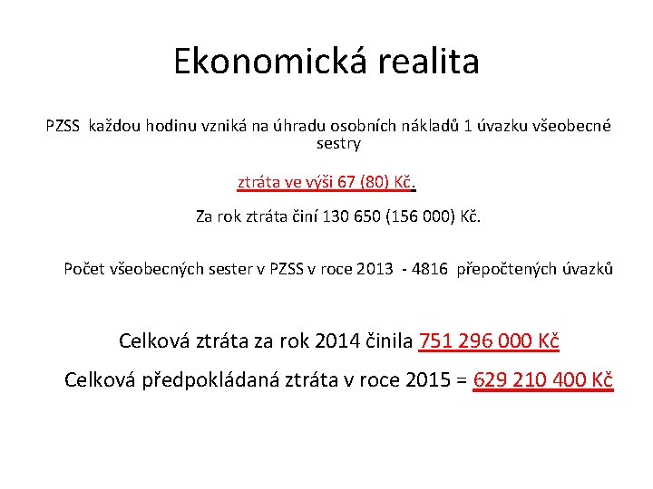 Ekonomická realita PZSS každou hodinu vzniká na úhradu osobních nákladů 1 úvazku všeobecné sestry