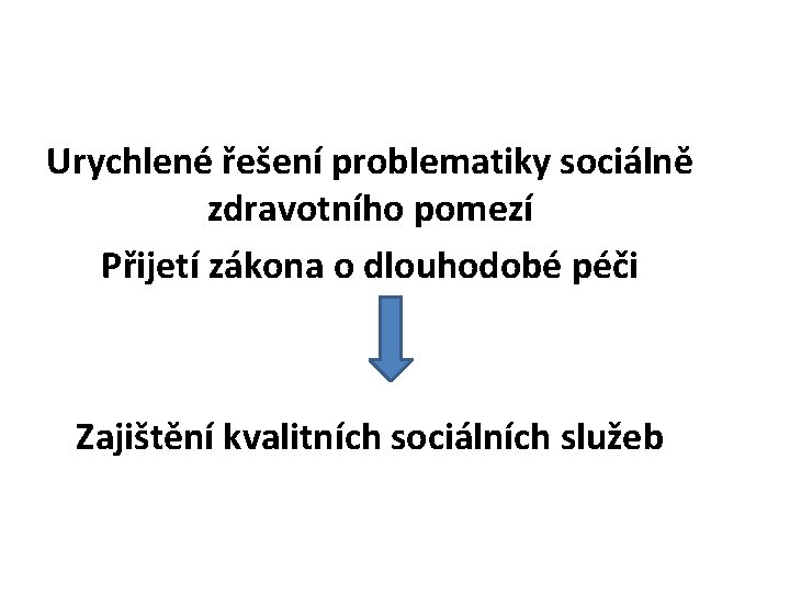 Urychlené řešení problematiky sociálně zdravotního pomezí Přijetí zákona o dlouhodobé péči Zajištění kvalitních sociálních