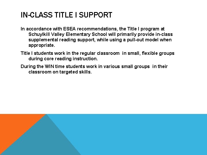 IN-CLASS TITLE I SUPPORT In accordance with ESEA recommendations, the Title I program at