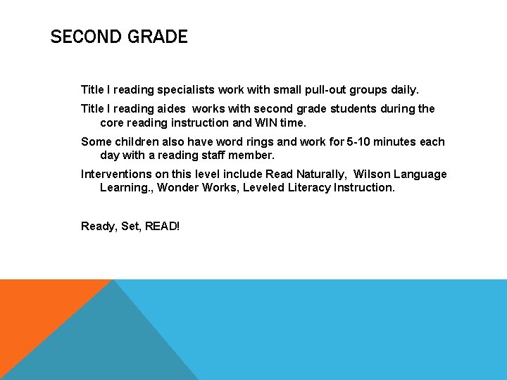 SECOND GRADE Title I reading specialists work with small pull-out groups daily. Title I