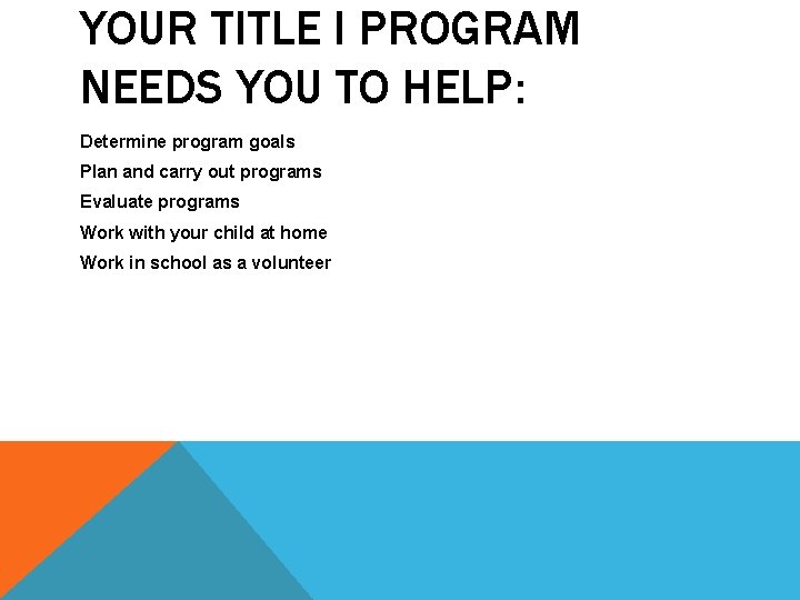 YOUR TITLE I PROGRAM NEEDS YOU TO HELP: Determine program goals Plan and carry