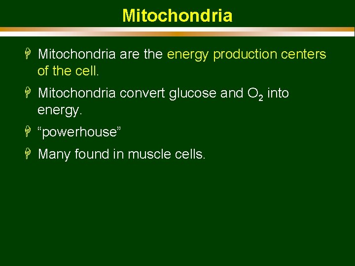 Mitochondria H Mitochondria are the energy production centers of the cell. H Mitochondria convert