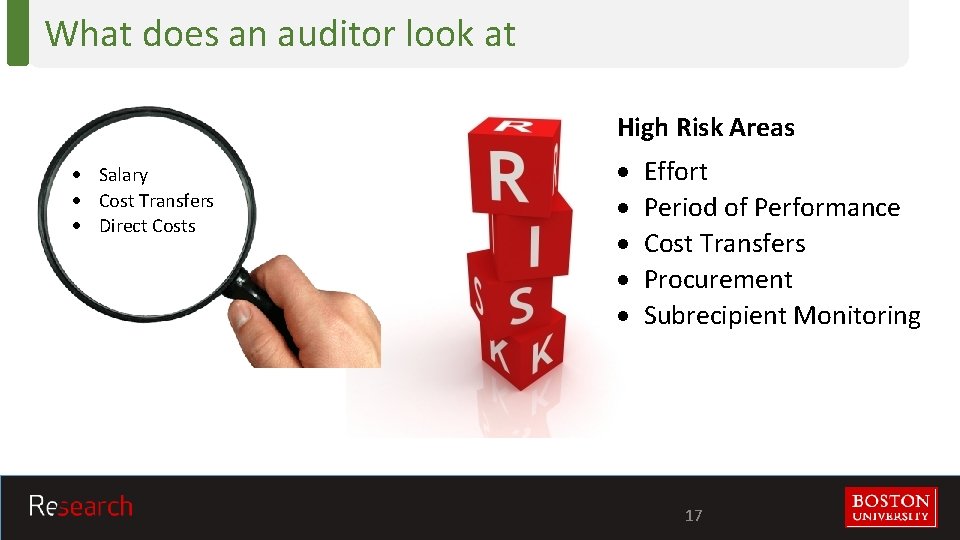 What does an auditor look at High Risk Areas Salary Cost Transfers Direct Costs