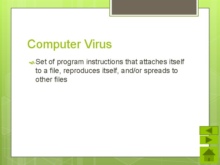 Computer Virus Set of program instructions that attaches itself to a file, reproduces itself,
