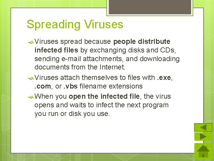 Spreading Viruses spread because people distribute infected files by exchanging disks and CDs, sending