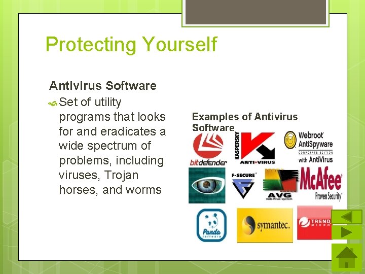 Protecting Yourself Antivirus Software Set of utility programs that looks for and eradicates a