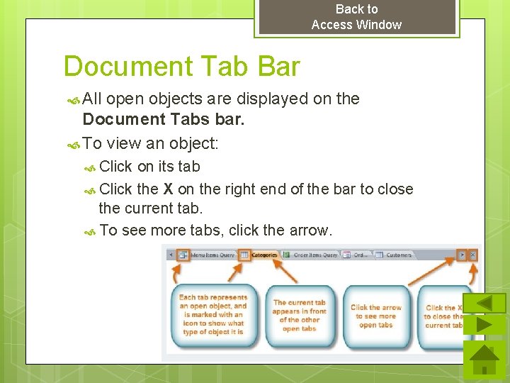 Back to Access Window Document Tab Bar All open objects are displayed on the Back to Access Window Document Tab Bar All open objects are displayed on the
