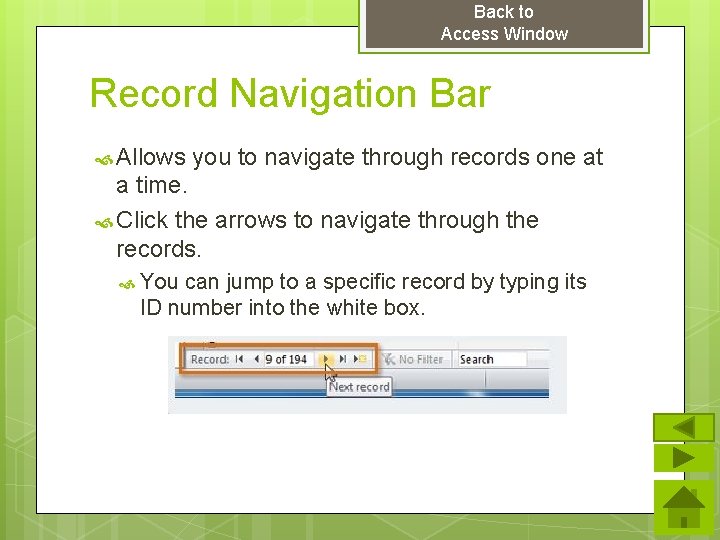 Back to Access Window Record Navigation Bar Allows you to navigate through records one Back to Access Window Record Navigation Bar Allows you to navigate through records one