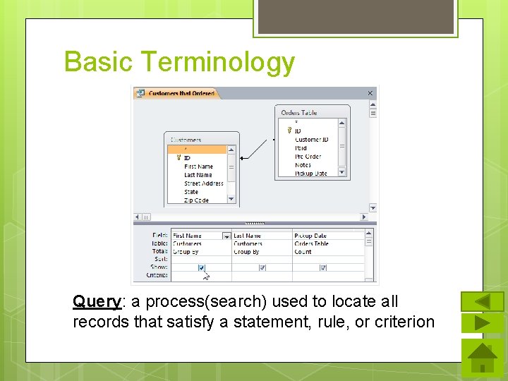Basic Terminology Query: a process(search) used to locate all records that satisfy a statement,